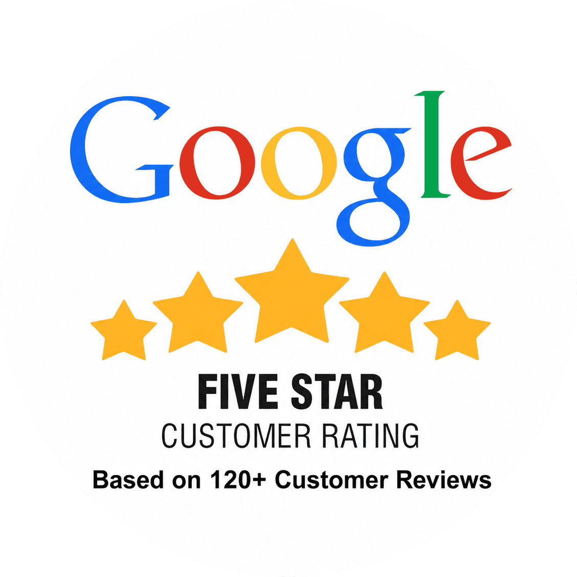 Google five star customer rating, based on 120+ customer reviews
