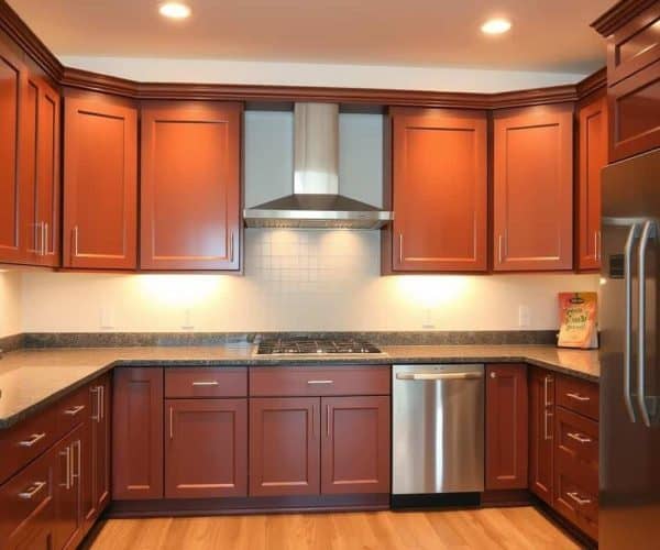 Refinished cherry kitchen cabinets with a stainless range hood