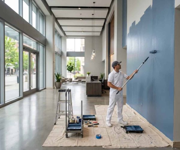 Painter rolling a blue accent wall in a modern office lobby