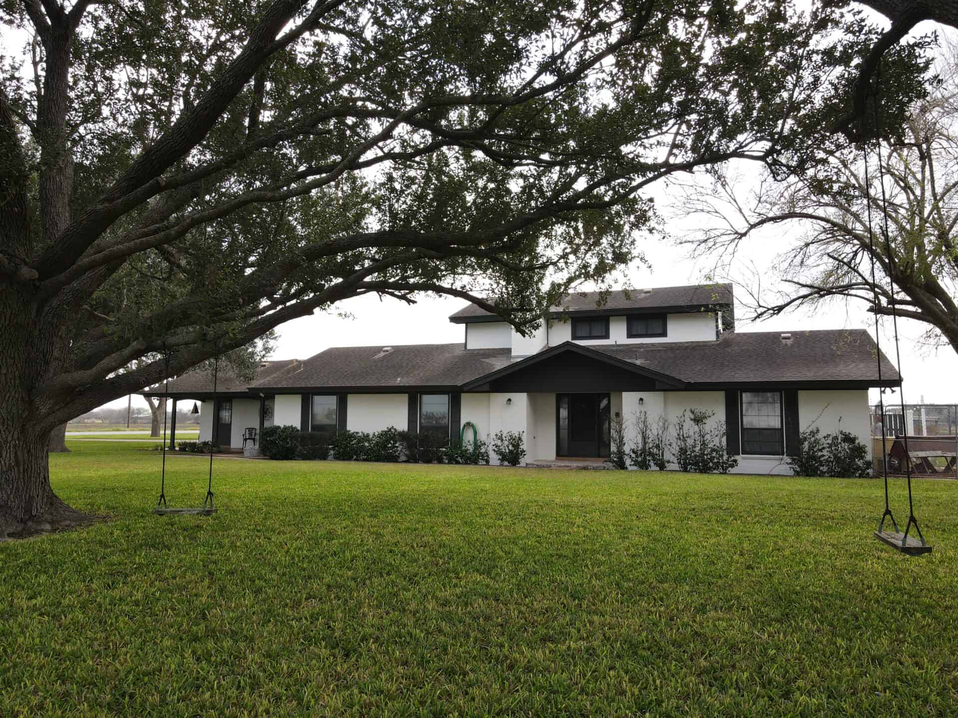 A two-story white house with black trim sits under large, leafy trees. A tire swing hangs from a branch, with a lush green lawn in the foreground. Calm and serene.