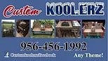 Banner for "Custom Koolerz" featuring images of unique coolers in various themes. Includes contact number and Facebook info. Background in blue tones.